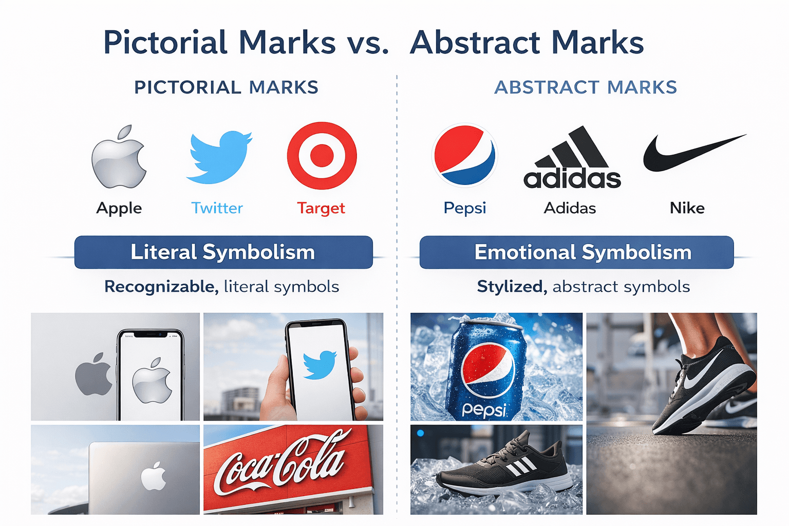 Comparison of pictorial logos and abstract logos with brand examples and usage.